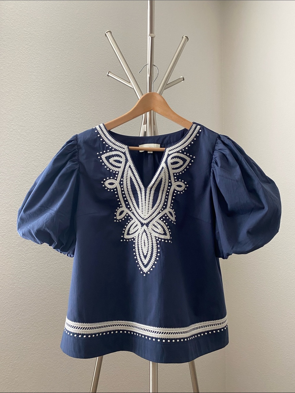 Pinch | Navy Embroidered Puff Sleeve Top - Large